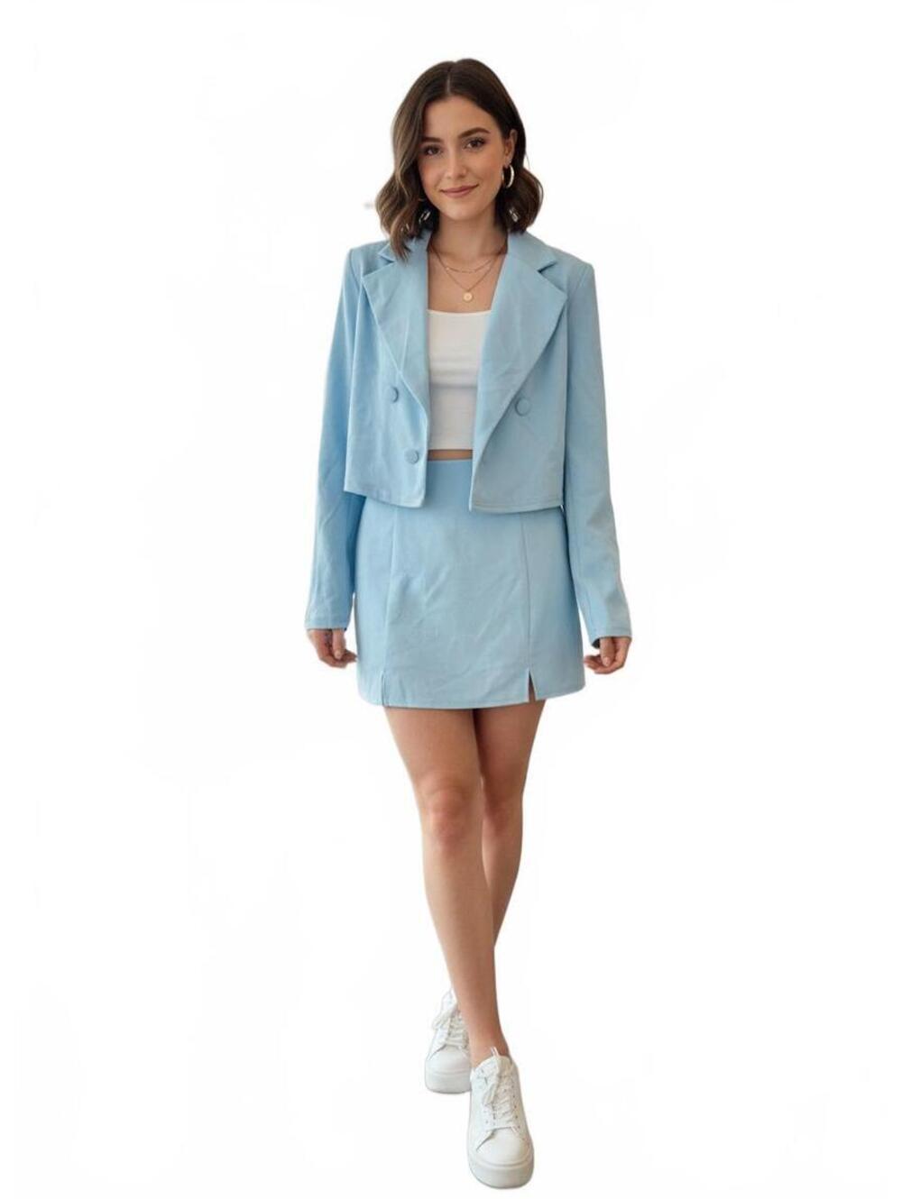 Express Women's Light Blue Cropped Blazer and White Mini Skt